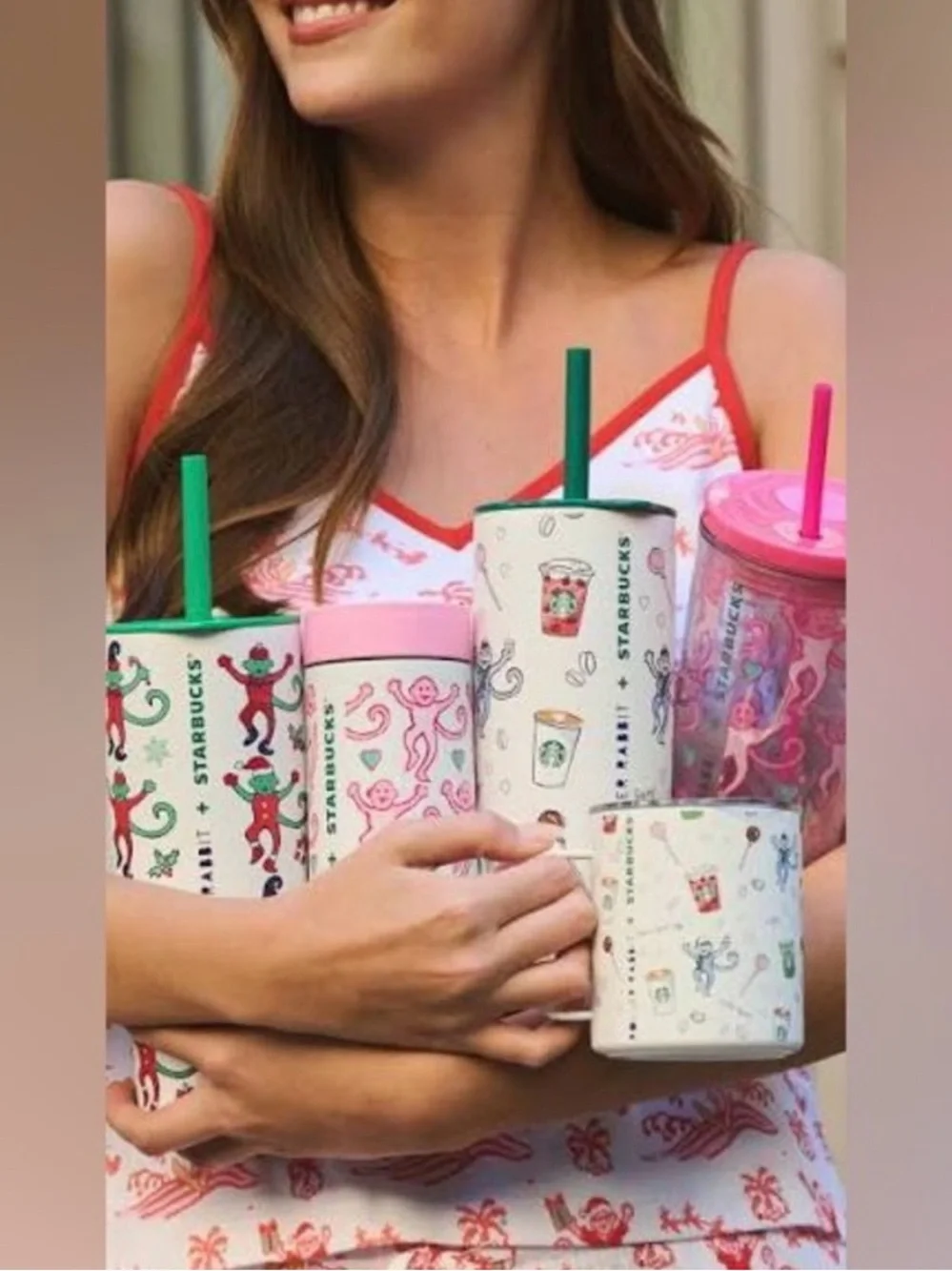 Starbucks x Roller Rabbit White Tumbler with Green Straw and Multicolor Print